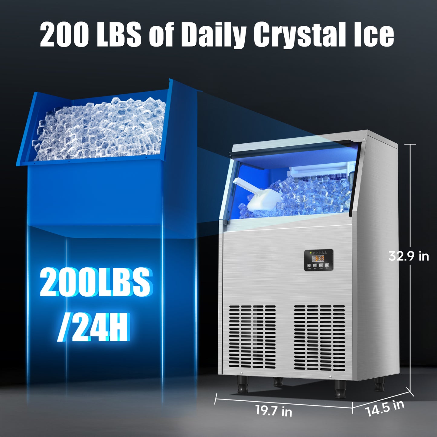 Coolski Commercial Under Counter Ice Maker Machine, 200lbs/24H