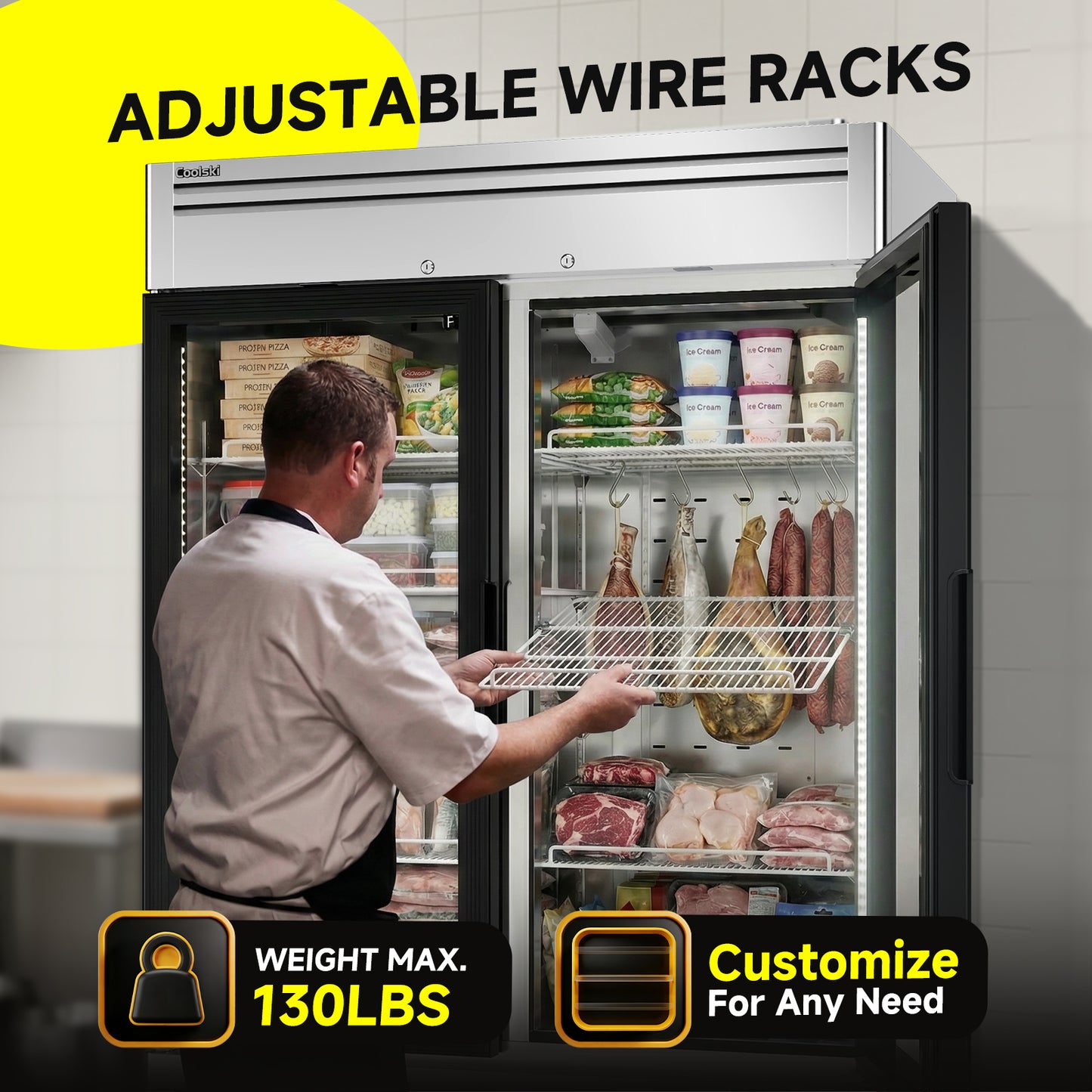 Coolski 54 in. 47.5 cu. ft. Auto / Cycle Defrost 2-Glass Door Commercial Reach In Display Upright Freezer in Stainless Steel