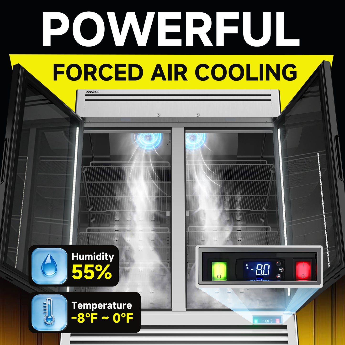 Coolski 54 in. 47.5 cu. ft. Auto / Cycle Defrost 2-Glass Door Commercial Reach In Display Upright Freezer in Stainless Steel