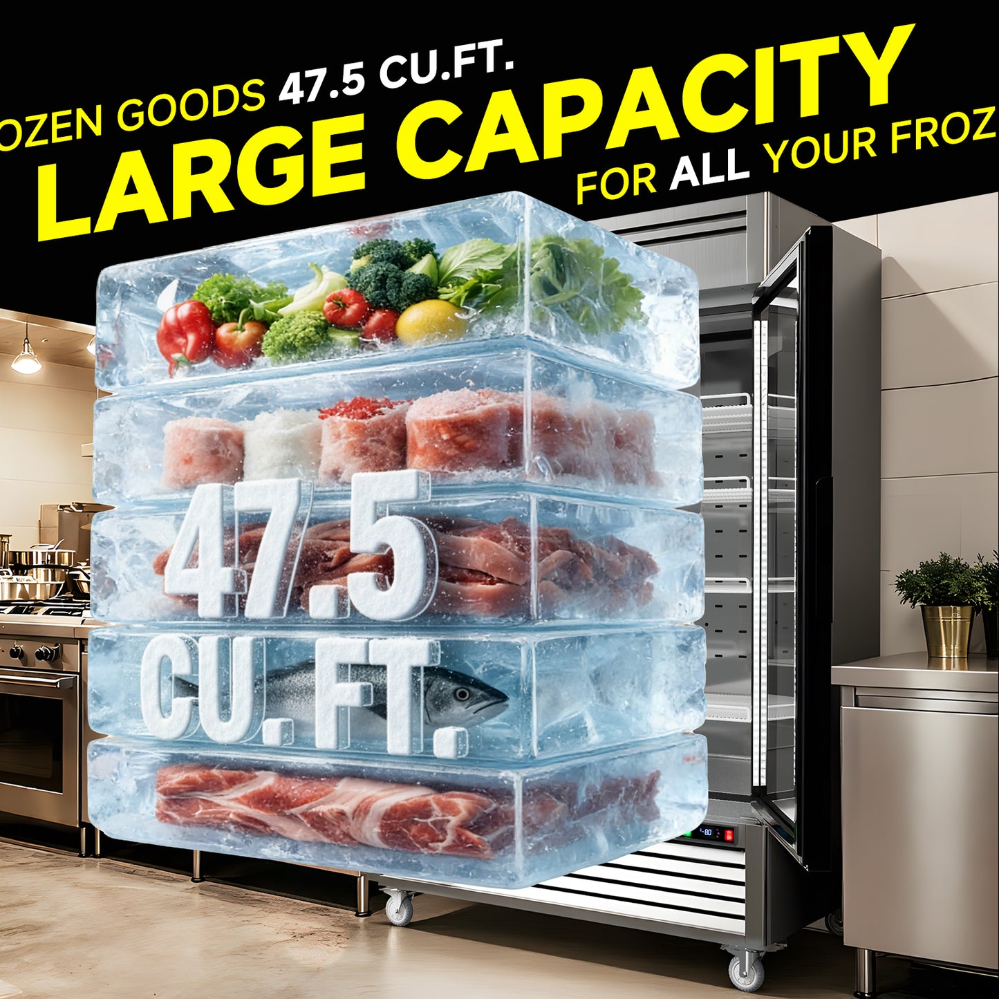Coolski 54 in. 47.5 cu. ft. Auto / Cycle Defrost 2-Glass Door Commercial Reach In Display Upright Freezer in Stainless Steel