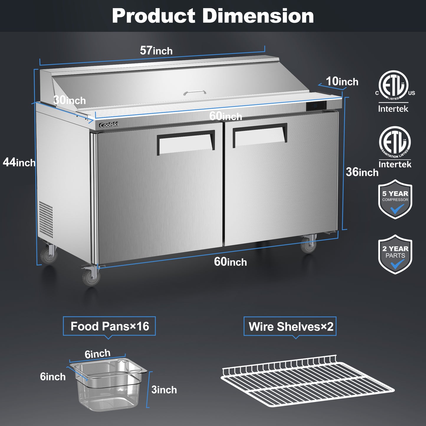 Coolski 60’’ W Commercial Refrigerator, Refrigerated Sandwich Salad Prep Table with 16 Pans/Mega Top/Cutting Board, 18 Cu.Ft. Large Capacity Stainless Steel ETL NSF Approved