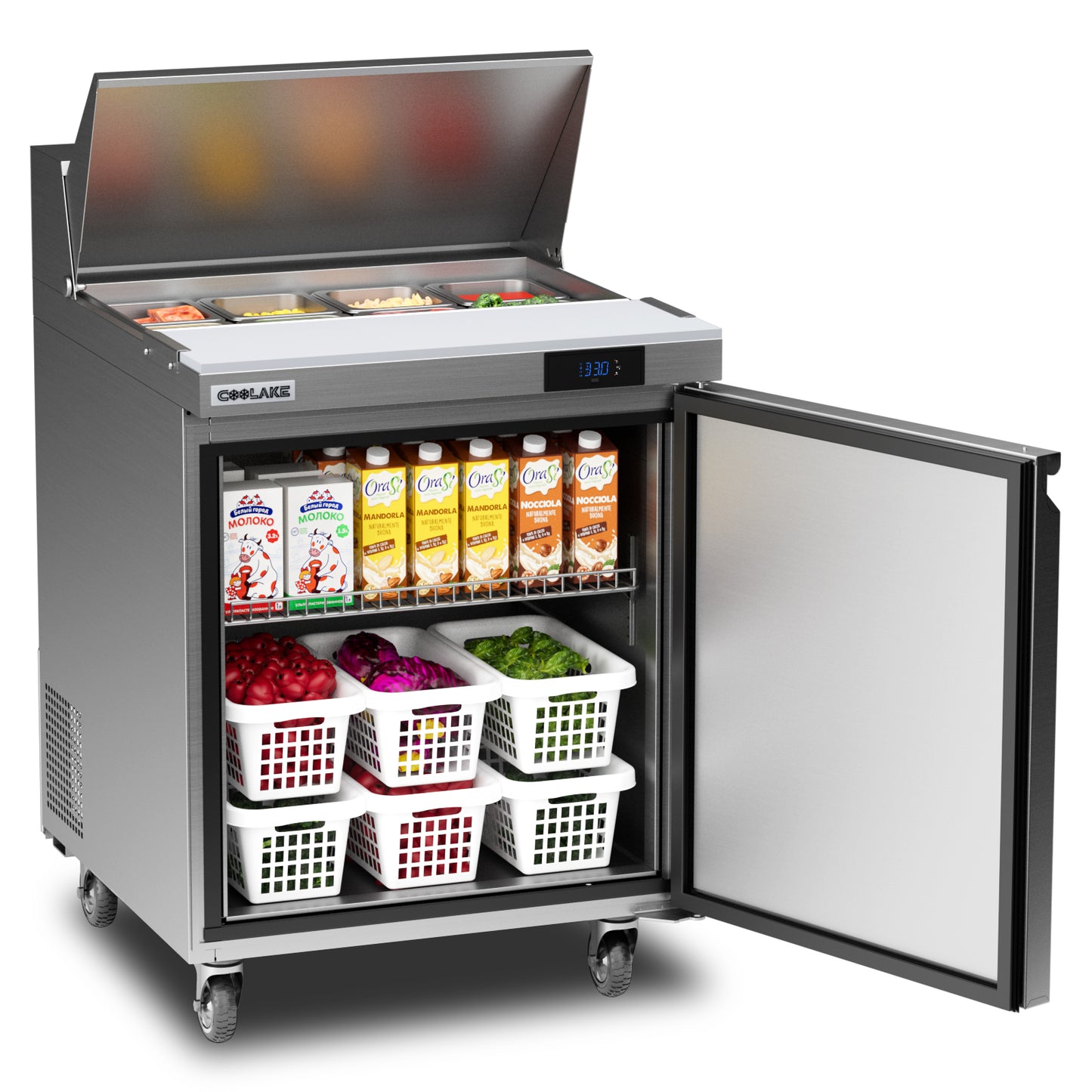 Coolake 27'' W Commercial Refrigerator Sandwich Salad Prep Table, 1 Door Sandwich Fridge with 8 GN 1/6 Pans