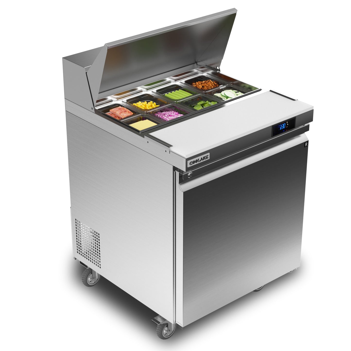 Coolake 27'' W Commercial Refrigerator Sandwich Salad Prep Table, 1 Door Sandwich Fridge with 8 GN 1/6 Pans